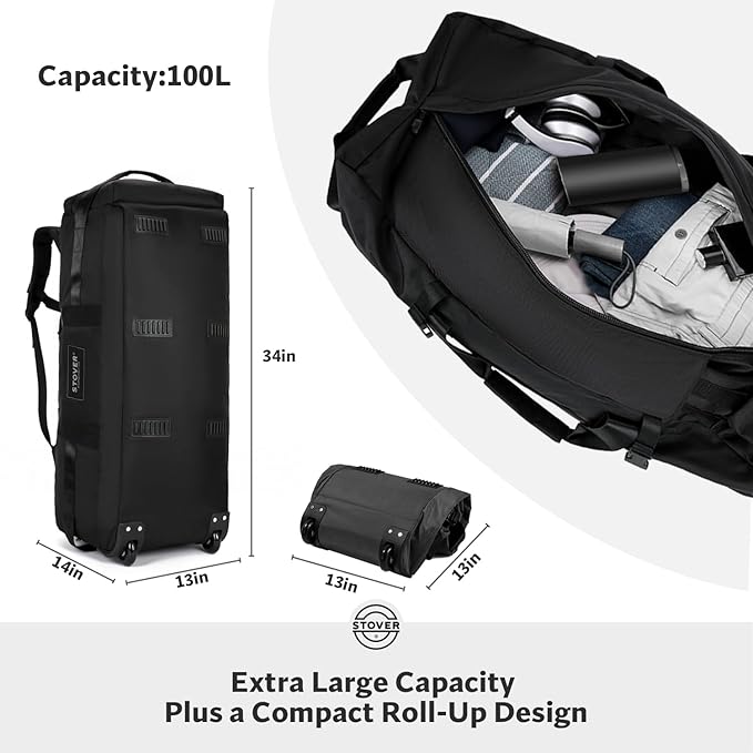 STOVER 100L Rolling Duffel Bag with Wheels, X-Large Durable Travel Duffle + Toiletry Bag, Heavy Duty, Packable with Shoulder Straps- Use as Luggage or Backpack, Men/Women (Black)