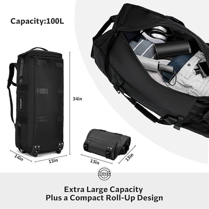 STOVER 100L Rolling Duffel Bag with Wheels, X-Large Durable Travel Duffle + Toiletry Bag, Heavy Duty, Packable with Shoulder Straps- Use as Luggage or Backpack, Men/Women (Black)