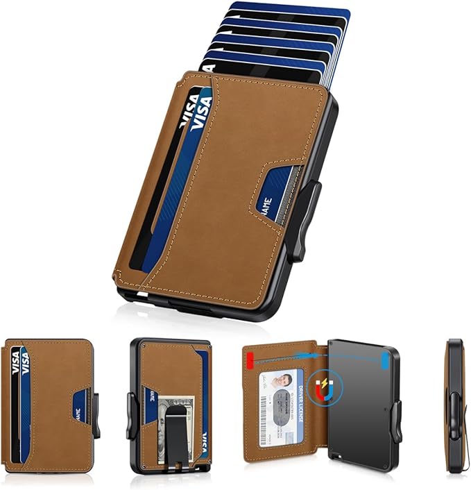 Wallet for Men, Mens Wallet Minimalist Slim Wallet, RFID Blocking Smart Pop Up Wallet with Money Clip & ID Window, Metal Compact Wallet, Aluminum Credit Card Holder Wallet