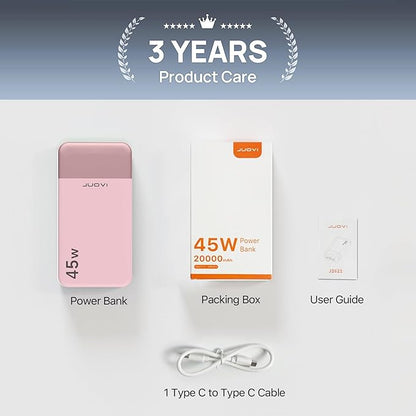 J2621 Power Bank Portable Charger,20000mAh 45W PD3.0 QC 4.0 Fast Charging Battery Pack with LED Display,2 USB-C,2 USB-A for iPhone 15 16, MacBook (Pink)
