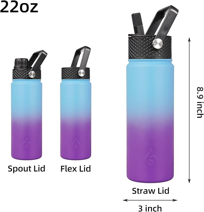 BJPKPK Insulated Water Bottles with Straw Lid, 22oz Cold & Hot Thermo, Stainless Steel Metal Water Bottle with 3 Lids, Reusable Thermo, Cups, Mugs for Daily Use-Ocean Dream