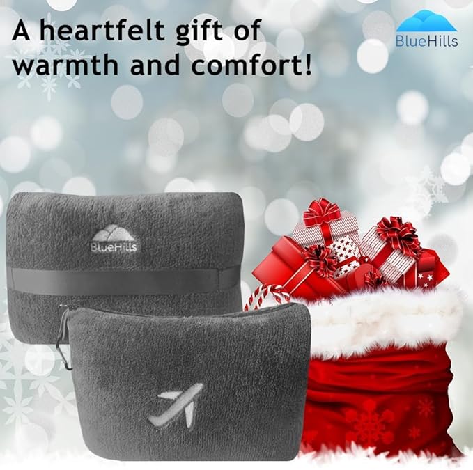 BlueHills Travel Blanket Pillow in Mini Soft Case Premium Plush Airplane Blanket Soft Bag Compact Pack with Luggage Belt and Backpack Clip Small Lightweight Traveling Plane Essentials - Grey Gray M01