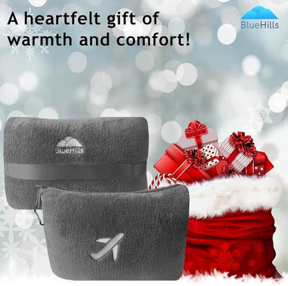 BlueHills Travel Blanket Pillow in Mini Soft Case Premium Plush Airplane Blanket Soft Bag Compact Pack with Luggage Belt and Backpack Clip Small Lightweight Traveling Plane Essentials - Grey Gray M01