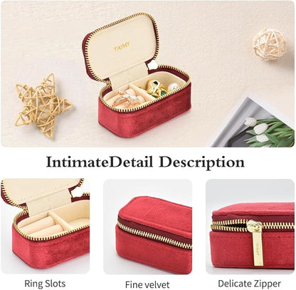 TAIMY Small Travel Jewelry Case, Mini Tiny Plush Velvet Jewelry Box for Women and Girls, Pocket Size Jewelry holder organizer for Rings Earrings and Small Items(Burgundy)