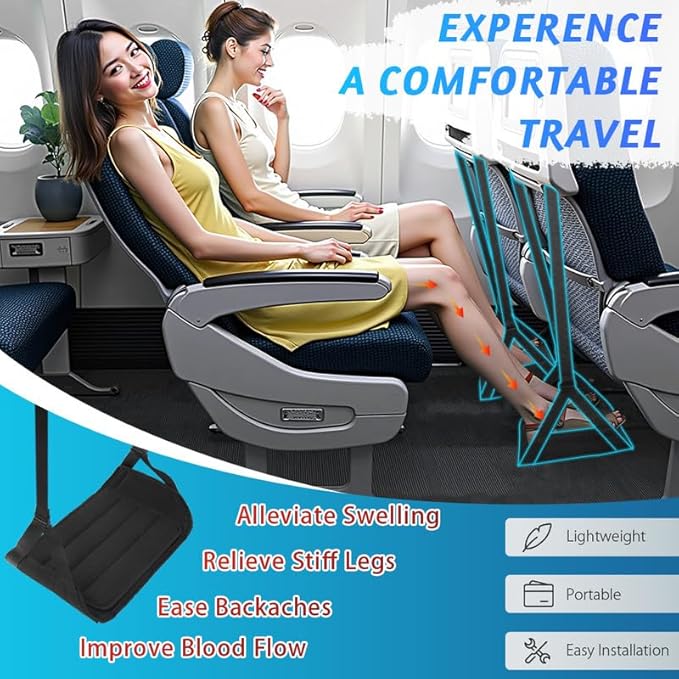 Foot Hammock for Plane Travel, Upgraded Wide Airplane Foot Hammock with Detachable Hardboard, Portable Footrest for Air Travel Essentials Long Flights Flying, Adjustable Foot Rest Leg Hammock