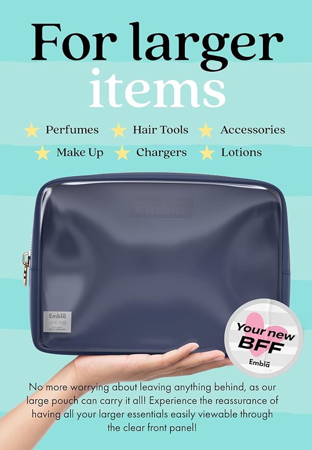 Embla London Makeup Bag Cosmetic Case, Clear Zipper Make Up Pouch and Toiletry Travel Tote, Cute Skincare Pouches for Women Girls, Preppy Purse Cosmetic Organizer, Large Makeup Bags, Sapphire