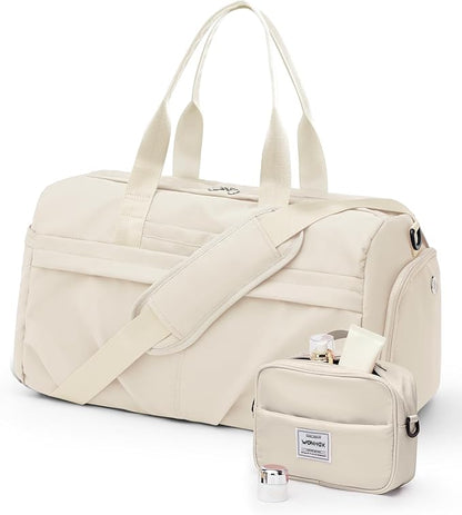 Gym Bag for Women Men, Sport Duffel Bag with Toiletry Bag & Shoe Compartment,Waterproof Travel Weekender Overnight Carry on Bag for Yoga with Trolley Sleeve, Beige Set