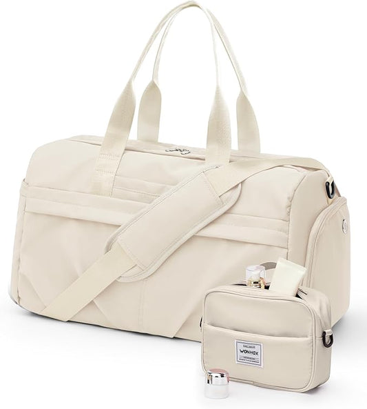 Gym Bag for Women Men, Sport Duffel Bag with Toiletry Bag & Shoe Compartment,Waterproof Travel Weekender Overnight Carry on Bag for Yoga with Trolley Sleeve, Beige Set
