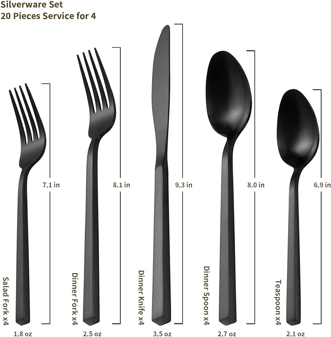Alata Cube Black 20-Piece Forged Silverware Set Stainless Steel Flatware Set,Service for 4,Matte Satin Polished Cutlery Set,Dishwasher Safe