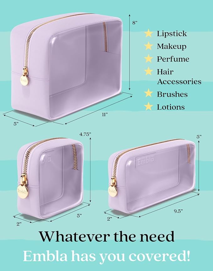 Clear Cosmetic Bags Set of 3, Mini Small Large Makeup Bags For Women Clear Pouch Cosmetics Cases Zipper Cute Pouches Make Up Travel Toiletry Essentials Preppy Purse Organizer Makeup Cases, Lilac