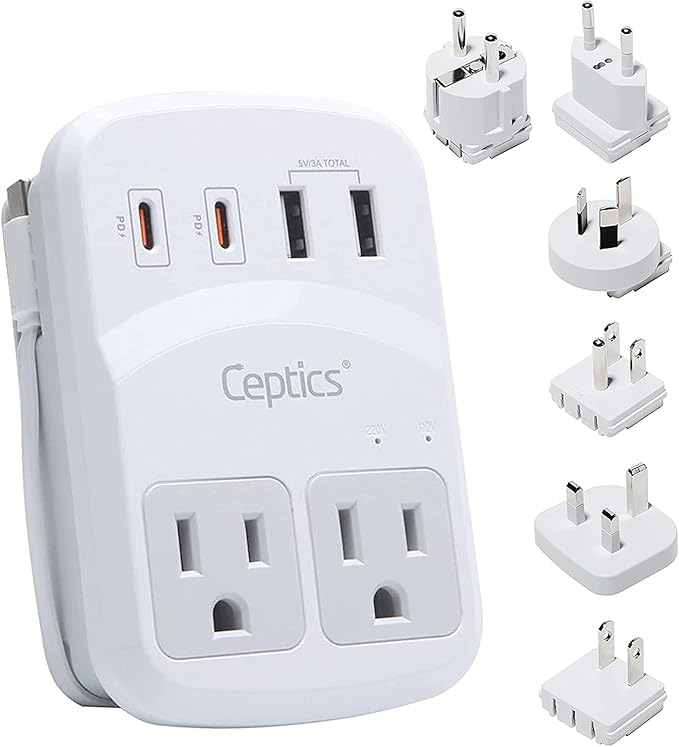 Ceptics World Travel Adapter Kit 2 USB-A, USB-C US Outlets, 20W/QC 18W Power Delivery, Surge Protection, SWADAPT Compatible for Europe, UK, China, Australia, Japan Perfect Laptop (WPS-5B)
