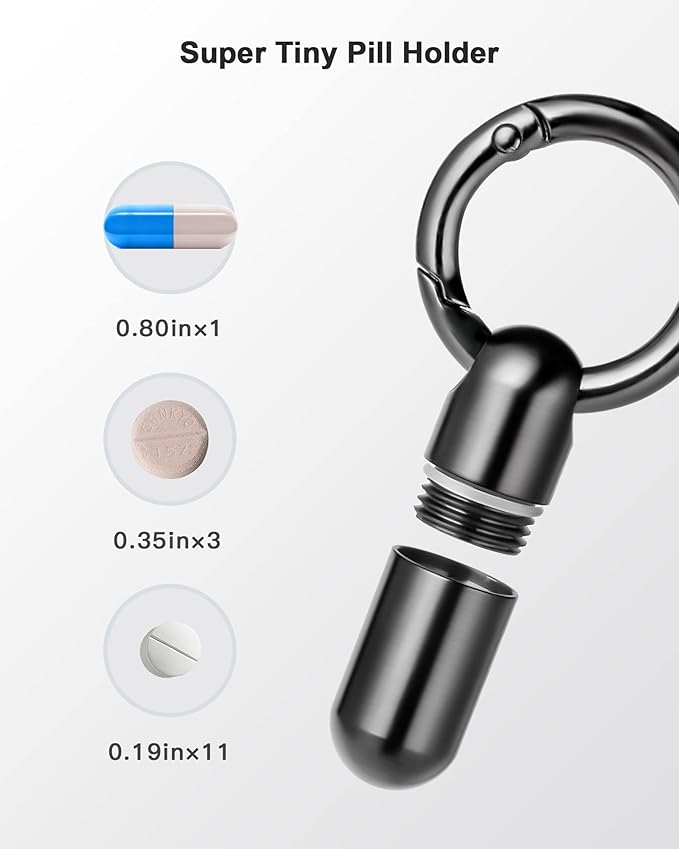 TISUR Tiny Keychain Pill Holder, Titanium Pill Case Waterproof Pill Fob for Travel Purse Pocket,Mini Pill Organizer Black