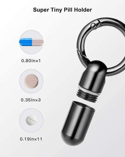 TISUR Tiny Keychain Pill Holder, Titanium Pill Case Waterproof Pill Fob for Travel Purse Pocket,Mini Pill Organizer Black