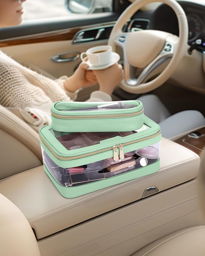 Travel Clear Makeup Bag with Makeup Brush Bag, Leather Makeup Case Toiletry Bag, Portable Cosmetic Bag Case, Transparent Waterproof Cosmetic Organizer Storage Bag for Women, Mint Green