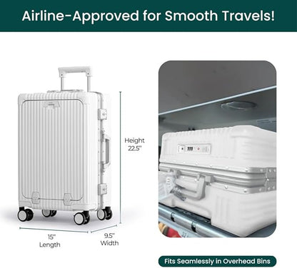 Nobl Travel Carry On Luggage, Noble Zipperless Aluminum Frame PC Hard Shell Suitcase, 22.5x15x9.5 Airline Approved, 360° Spinner Wheels, TSA Locks, USB Charging Port, Cup & Phone Holder - Ivory