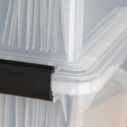 IRIS USA File Box WeatherPro File Organizer Plastic File Box for Letter/Legal File, Water Resistant Document Box, Durable Lid, Seal w/Secure Latching Buckles, Stackable, Nestable, Clear 32 Qt. 4Pack