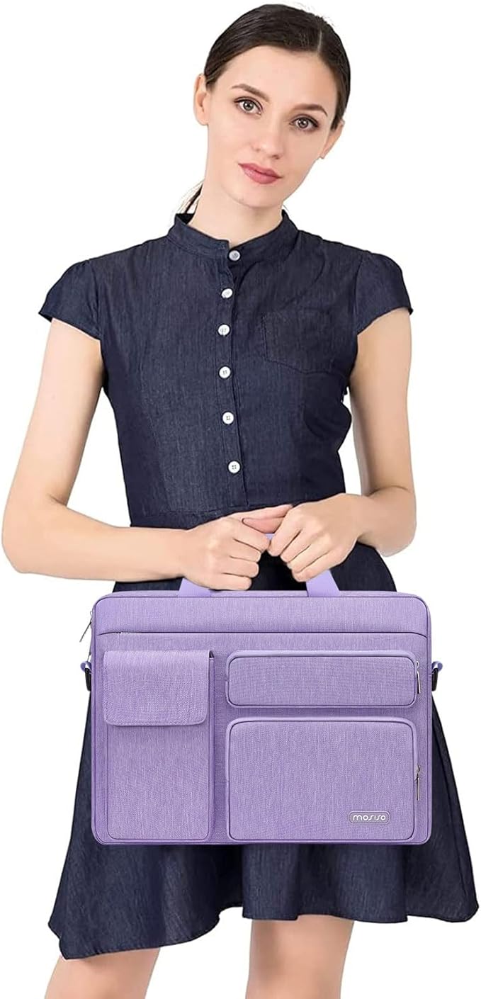 MOSISO Laptop Shoulder Bag 13.3 inch, 13-14 inch Computer Bag Compatible with MacBook Air/Pro 13 / Pro 14, HP Dell ASUS Lenovo with 2 Raised&1 Flapover&1 Horizontal Pocket&Handle&Belt, Purple