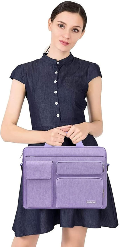 MOSISO Laptop Shoulder Bag 13.3 inch, 13-14 inch Computer Bag Compatible with MacBook Air/Pro 13 / Pro 14, HP Dell ASUS Lenovo with 2 Raised&1 Flapover&1 Horizontal Pocket&Handle&Belt, Purple