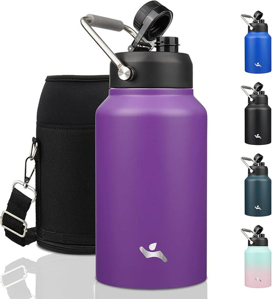 Jug with Handle,87 oz Insulated Water Bottle with Carrying Pouch, Double Wall Vacuum Stainless Steel Metal Bottle,Purple