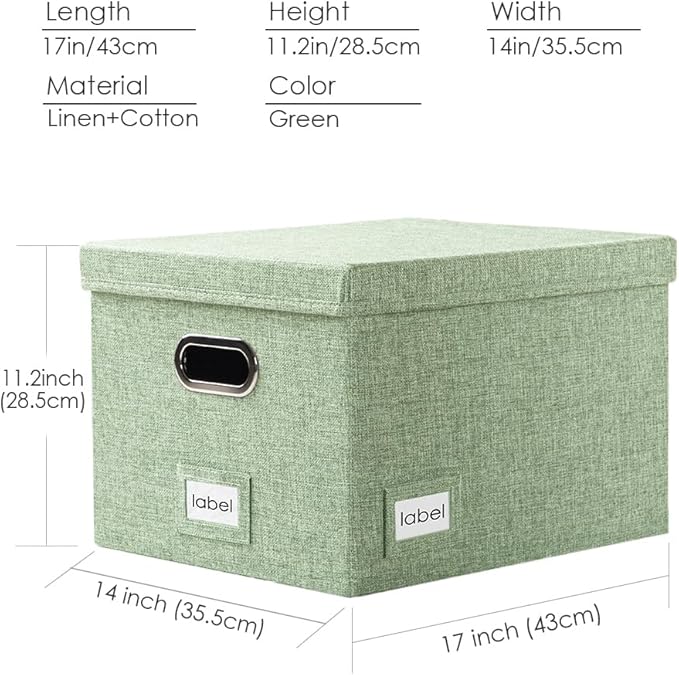PRANDOM File Organizer Box - Set of 4 Collapsible Decorative Linen Filing Storage Hanging File Folders with Lids Office Cabinet Letter/Legal Size Green 17.1x14x11.1 inch
