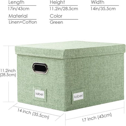 PRANDOM File Organizer Box - Set of 2 Collapsible Decorative Linen Filing Storage Hanging File Folders with Lids Office Cabinet Letter/Legal Size Green 17x14x11.2 inch