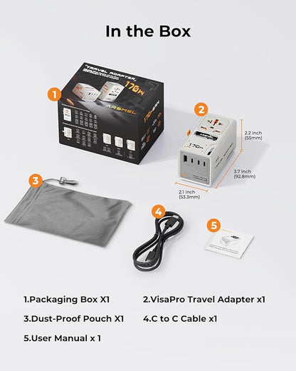 170W GaN Universal Travel Adapter, Worldwide All-in-One International Plug Power Adapter & Wall Charger with 3 USB-C & 1 USB-A (5A/28V) for Europe, USA, Japan, and Australia (Type C/A/G/I)