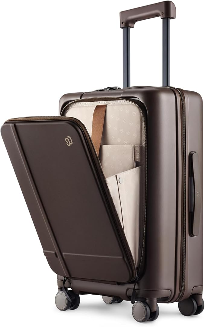 NINETYGO Carry On Luggage 22x14x9 Airline Approved, 20 Inch Suitcase with Front Compartment & Cup Holder, Coffee-Infused PC Hard Shell, Eco-Friendly, TSA Lock, 360° Spinner Wheels (Americaco)