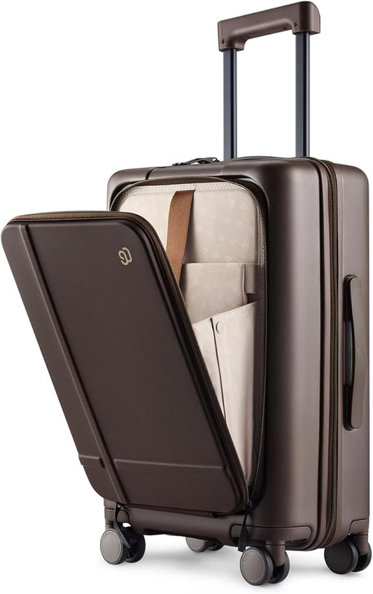 NINETYGO Carry On Luggage 22x14x9 Airline Approved, 20 Inch Suitcase with Front Compartment & Cup Holder, Coffee-Infused PC Hard Shell, Eco-Friendly, TSA Lock, 360° Spinner Wheels (Americaco)
