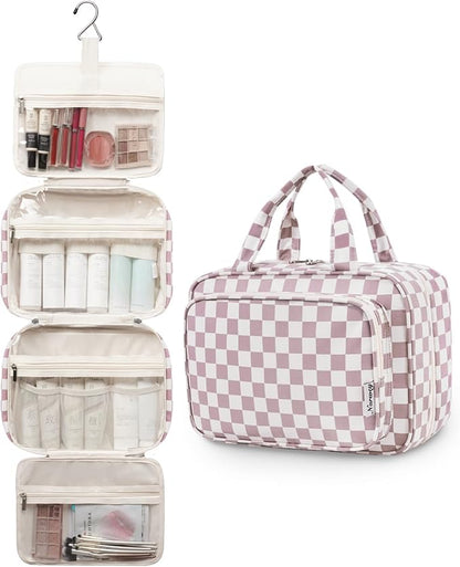 Narwey Travel Toiletry Bag for Women Large Hanging Makeup Bag Organizer Toiletries Bag for Full Size Essentials Accessories Cosmetics (Dusty Pink Checkerboard (Large))