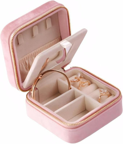 Velvet Jewelry Box, Small Travel Jewelry Organizer, Portable Jewelry Case for Women with Mirror, Pink Mini Plush Travel Box