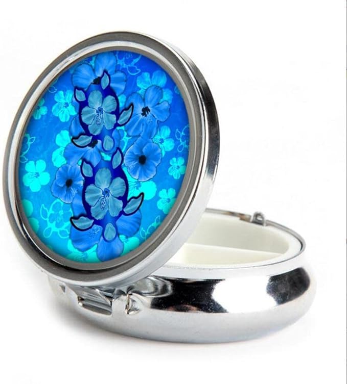 Pill Box,Blue Hibiscus Flower Turtles Round Pill Box 3 Compartment Decorative Pocket Purse Portable Mini Travel Medicine Tablet Vitamin Holder Organizer Pill Case