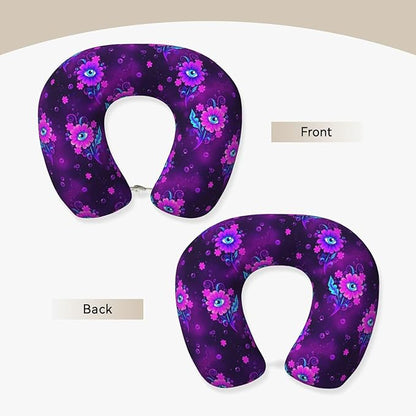 Travel Neck Pillows for Sleeping Rest Car Airplanes Trippy Eyes Flower, Memory Foam with Removable Breathable Zipper Cover Washable for Men Women