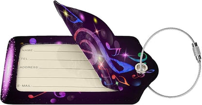 Set of 2 Music Note Luggage Tags with Full Back Privacy Suitcase Labels Identifiers, Colorful Purple PU Leather Baggage Tags for Music Lovers Women Men Girls Boys Travel