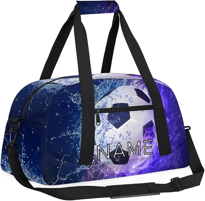 Personalized Kids Duffel Bag for Girls Boys Traveling Sport Soccer Ball Fire Small Sport Gym Bag Custom Overnight Weekender Tote Bag Carry on Teen Dance Bag for Gymnastic Ballet