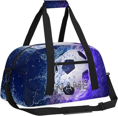 Personalized Kids Duffel Bag for Girls Boys Traveling Sport Soccer Ball Fire Small Sport Gym Bag Custom Overnight Weekender Tote Bag Carry on Teen Dance Bag for Gymnastic Ballet