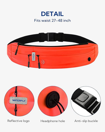 WATERFLY Running Belt Fanny Pack: Runner Marathon Jogging Waist Pack Sport Workout Exercise Fitness Phone Holder Belt for Men Women Jogger Slim Waistband Black