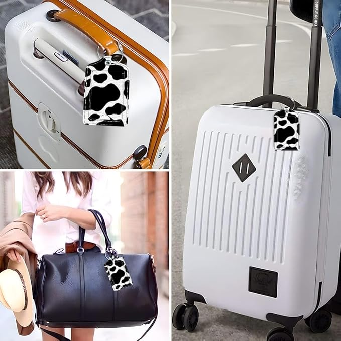 Funny PU Leather Luggage Tags 2-Pack Fantasy Cow Skin Cute Pattern Suitable for Suitcase Stainless Steel Loop and Address Card Essential for Cruise and Airport Travel for Men and Women