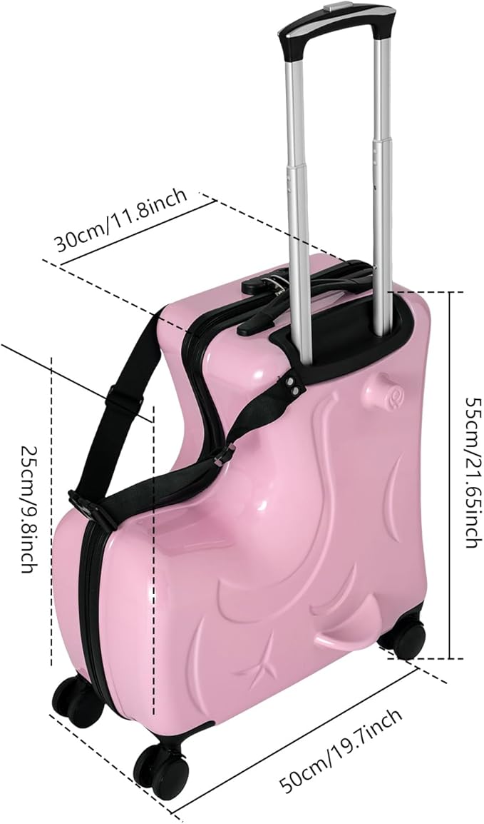 20 Inch Kids Ride-On Suitcase, Horse-Shaped Children's Travel Luggage with 4 TPE Wheels & Password Lock, 66lbs Capacity Carry-On Trolley for Ages 3-6 (Pink)