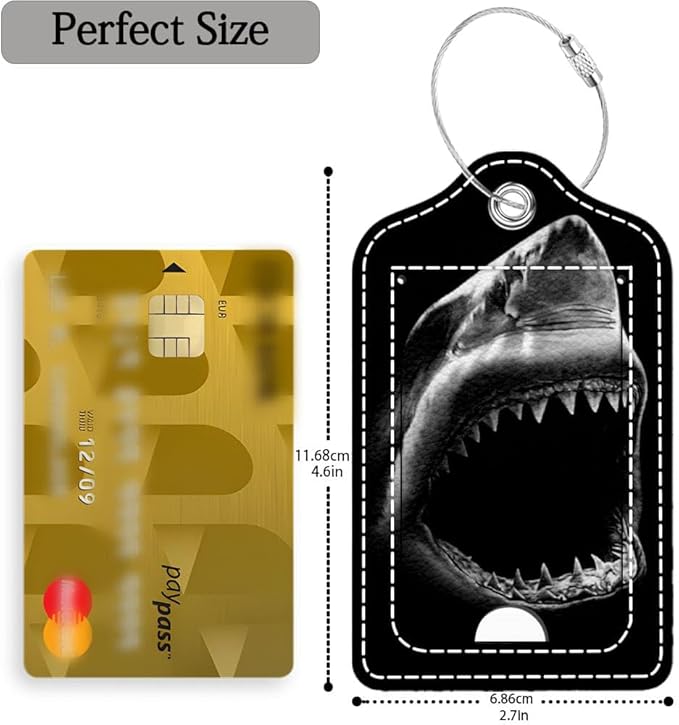 Funny PU Leather Luggage Tags 2-Pack Ocean Shark Mouth Cute Pattern Suitable for Suitcase Stainless Steel Loop and Address Card Essential for Cruise and Airport Travel for Men and Women