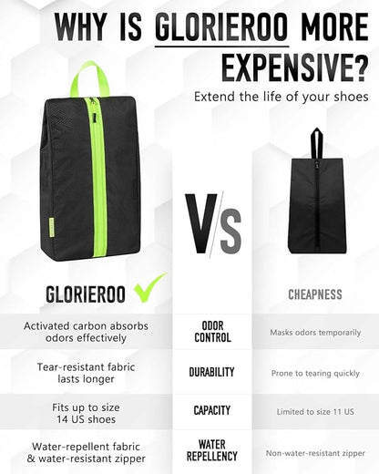 Smell Proof Shoe Bags for Travel-Soccer Cleat Bag Smell Proof with Active Carbon Fabric | Odor-Absorbing Water-Resistant Track Shoe bags for Sports (Black with Green, UP TO US11)