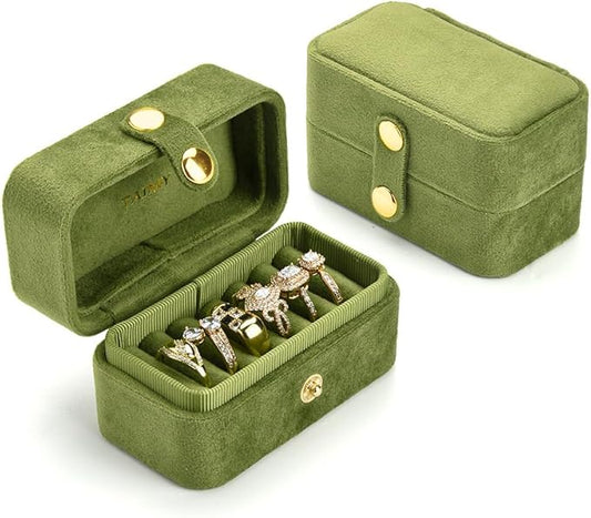TAIMY Travel Jewelry Case, Portable Pocket Size Small Plush Velvet Ring Box for Women, Mini Ring Holder and Organizer with 7 slots for purse(Avocado Green)