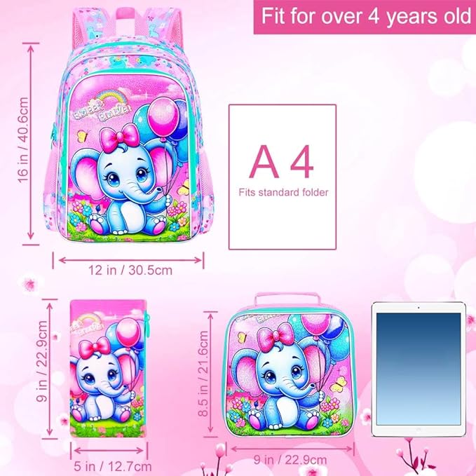 WZLVO 3PCS Backpack for Girls, 16'' Kids Elephant Bookbag with Lunch Box, Cute Animal Water Resistant School Bag Set for Elementary Kindergarten Preschool