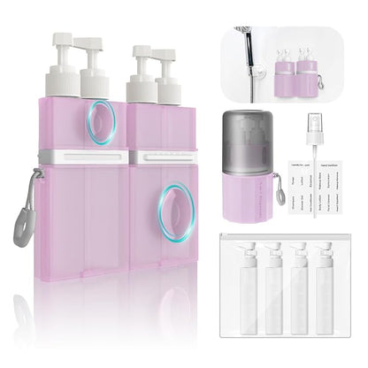YOTIME 4in1 Travel Bottles Set, Vacuum Silicone Suction Cup for Smooth Walls, TSA Approved Leak Proof Travel Size Containers for Toiletries, Shampoo, Body Wash and Conditioner, Pink