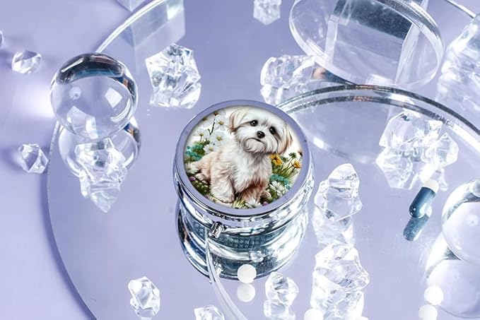 Pill Box,Flower Puppy Round Pill Box 3 Compartment Decorative Pocket Purse Portable Mini Travel Medicine Tablet Vitamin Holder Organizer Pill Case