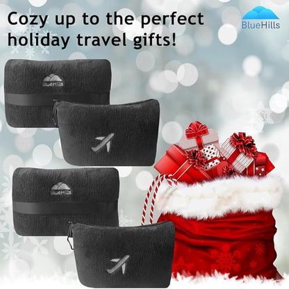 BlueHills 2-Pack Mini Premium Soft Plush Travel Blanket Pillow Airplane Essentials Flight Throw in Bag with Hand Luggage Strap Backpack Clip Accessories Portable Traveling Plane Blankets Black - M25