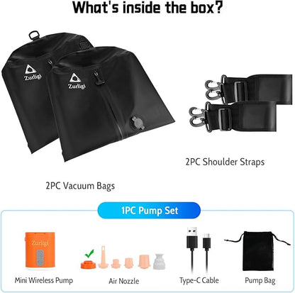 Zurligi Vacuum Bags for Travel with Pump, Vacuum Compression Bag with Adjustable Shoulder Strap, IP67 Reusable Vacuum Packing Cubes for Luggage, Backpack, Suitcase, Yoga, Swim, Beach