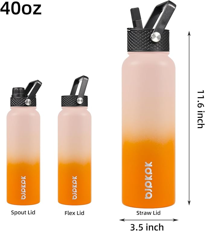 BJPKPK Insulated Water Bottles with Straw Lid, 40oz Stainless Steel Water Bottles with 3 Lids, BPA Free Leakproof Thermo, Tumblers, Cups for Sports, Gym- Coral