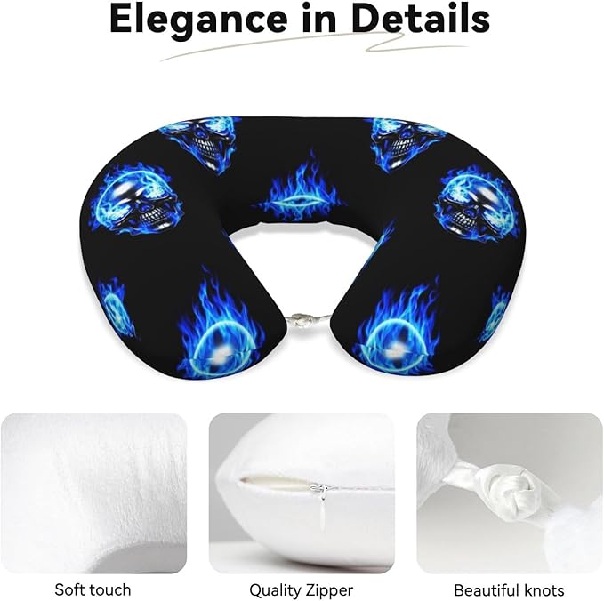 Neck Pillow Memory Foam Chin Cushion with Breathable Cover Blue Fire Skull, Cute Airplane Car Pillows for Office Head Pain Relief