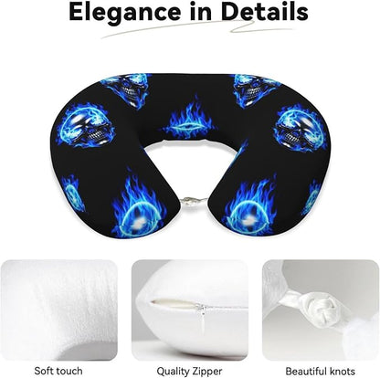 Neck Pillow Memory Foam Chin Cushion with Breathable Cover Blue Fire Skull, Cute Airplane Car Pillows for Office Head Pain Relief