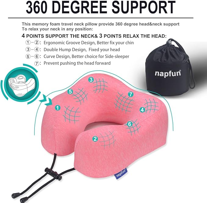 napfun Neck Pillow for Traveling, Upgraded Travel Neck Pillow for Airplane 100% Pure Memory Foam Travel Pillow for Flight Headrest Sleep, Portable Plane Accessories, Simple Sets (Optional), Full Rose